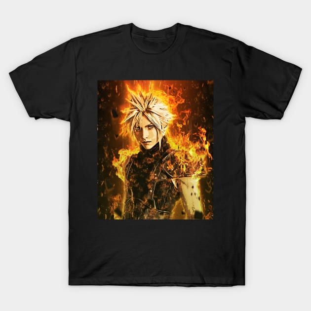 Cloud Strife On Fire T-Shirt by SkyfrNight